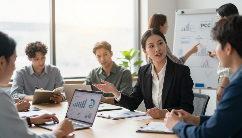 A bustling small business office scene, with a diverse group of small business owners engaged in a strategy meeting about scaling PPC efforts. In the foreground, a confident woman in smart business attire gestures toward a laptop displaying analytics graphs. In the middle ground, a man with a notebook takes notes, while a woman points at a whiteboard filled with marketing strategies. The background features a large window letting in warm, soft natural light, casting gentle shadows. The atmosphere is collaborative and innovative, suggestive of growth and potential. The image is captured with a slight tilt-angle, enhancing the dynamic feel, accompanied by bright, professional lighting that emphasizes the focus on teamwork and ambition. A bustling small business office scene, with a diverse group of small business owners engaged in a strategy meeting about scaling PPC efforts. In the foreground, a confident woman in smart business attire gestures toward a laptop displaying analytics graphs. In the middle ground, a man with a notebook takes notes, while a woman points at a whiteboard filled with marketing strategies. The background features a large window letting in warm, soft natural light, casting gentle shadows. The atmosphere is collaborative and innovative, suggestive of growth and potential. The image is captured with a slight tilt-angle, enhancing the dynamic feel, accompanied by bright, professional lighting that emphasizes the focus on teamwork and ambition.