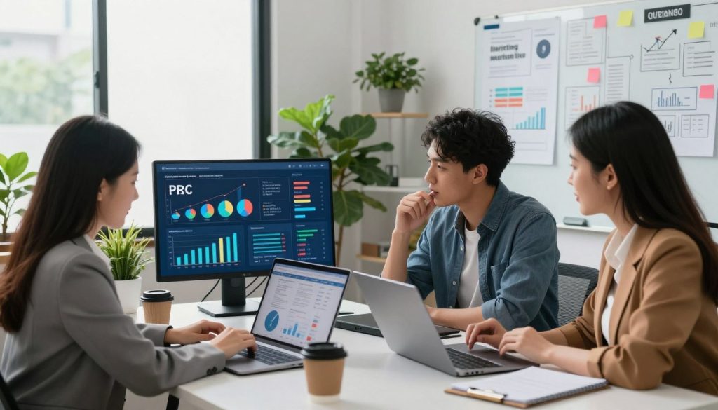A stylish office environment depicting a small business marketing scene. In the foreground, a diverse group of three professionals, a woman in a tailored blazer, a man in smart casual attire, and another woman in a business dress, are gathered around a table with laptops open, analyzing PPC campaign data. In the middle, vibrant charts and graphs displaying performance metrics on a digital screen, with coffee cups and notepads scattered about, indicate an active brainstorming session. The background shows a well-organized workspace with plants, a whiteboard full of marketing strategies, and a window allowing natural light to flood the room, creating an energetic and focused atmosphere. The mood is collaborative and dynamic, capturing the essence of managing and optimizing ongoing marketing campaigns. A stylish office environment depicting a small business marketing scene. In the foreground, a diverse group of three professionals, a woman in a tailored blazer, a man in smart casual attire, and another woman in a business dress, are gathered around a table with laptops open, analyzing PPC campaign data. In the middle, vibrant charts and graphs displaying performance metrics on a digital screen, with coffee cups and notepads scattered about, indicate an active brainstorming session. The background shows a well-organized workspace with plants, a whiteboard full of marketing strategies, and a window allowing natural light to flood the room, creating an energetic and focused atmosphere. The mood is collaborative and dynamic, capturing the essence of managing and optimizing ongoing marketing campaigns.