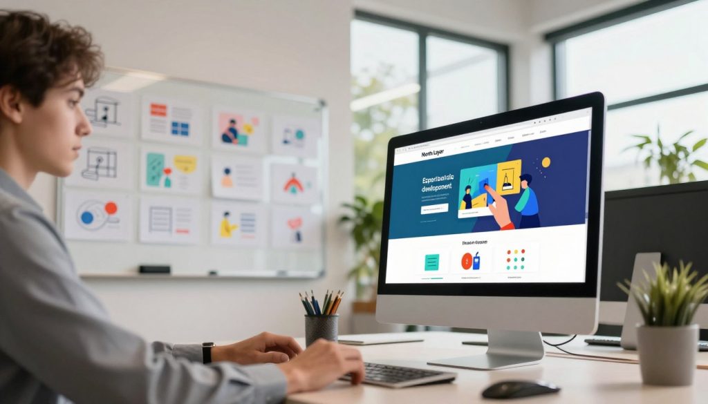 A bright, modern office space designed for website development, featuring a sleek desk with a high-performance computer displaying a vibrant website design on the screen. In the foreground, a person in professional business attire is focused on their work, analyzing design elements on the computer. The middle ground showcases a large whiteboard filled with colorful sketches and ideas for a small business website, while the background reveals large windows with natural light flooding the room, lush greenery visible outside. The atmosphere is one of creativity and innovation, enhanced by soft, warm lighting that creates an inviting environment. The brand name "North Layer" is subtly referenced in the designs on the screen and whiteboard, emphasizing its role in expert website development. The perspective is slightly angled downwards, providing a dynamic view of the workspace.