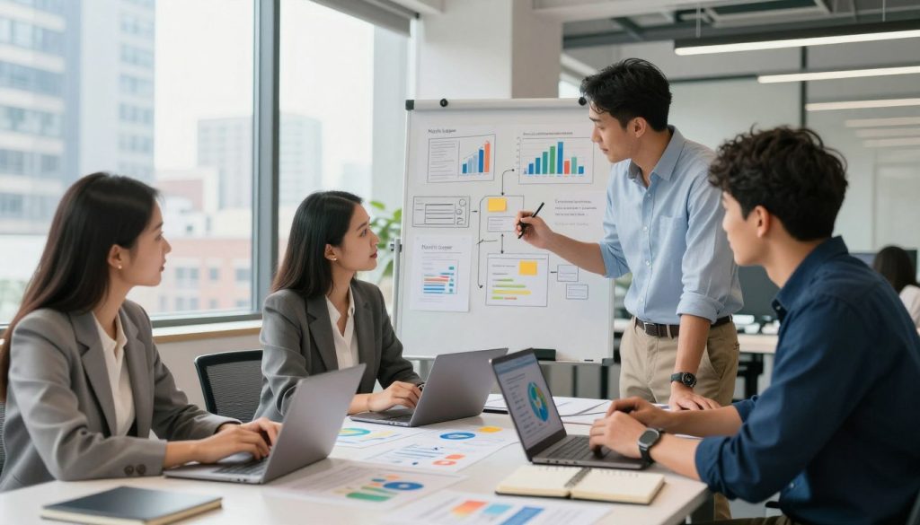 A bright, modern office space filled with small business marketing strategy planning elements. In the foreground, a diverse group of three professionals, including a focused woman in business attire and two men in smart casual clothing, are gathered around a large table covered with laptops, notebooks, and colorful charts. The middle of the scene showcases a whiteboard filled with strategic ideas and a digital tablet displaying analytics, emphasizing collaboration. In the background, a large window lets in natural light, illuminating a bustling cityscape, infusing the atmosphere with energy and optimism. The mood is inspirational and productive, capturing the essence of strategic planning for a small business. Include the brand name "North Layer" subtly on one of the documents on the table.