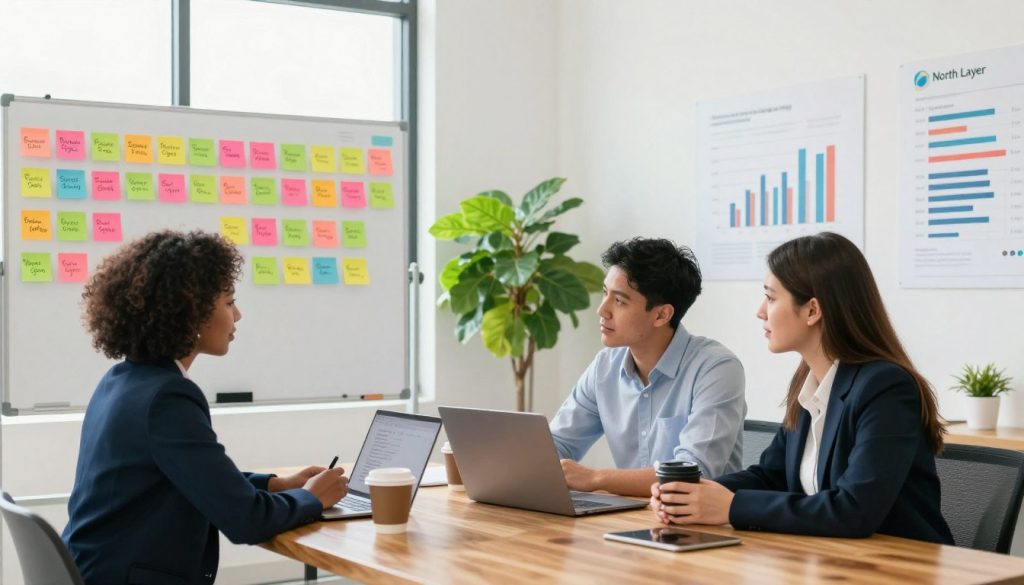 A bright, modern office space with a large whiteboard covered in colorful sticky notes, each representing social media advertising goals. In the foreground, a diverse group of three professionals are gathered around a polished wooden table, discussing strategies with laptops open and coffee cups in hand. One is a Black woman in a smart blazer, another is a Hispanic man in a collared shirt, and the third is a Caucasian woman in professional attire. The middle ground features a lush indoor plant and charts displayed on the walls, illustrating metrics like engagement and reach. Natural light floods the room from large windows, creating an upbeat and collaborative atmosphere. In the background, the logo "North Layer" is subtly incorporated on a poster. The overall mood is focused yet inspirational, capturing the essence of planning for effective social media advertising.