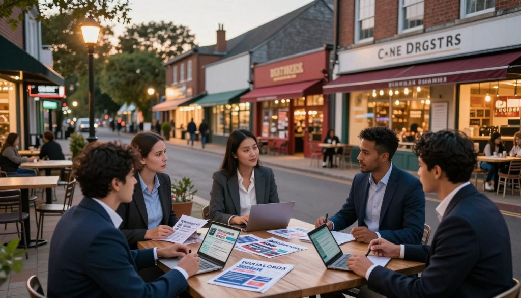 A bustling small business district at sunset, showcasing various local shops and cafes, with warm, inviting lighting enhancing the scene. In the foreground, a diverse group of professionals in business attire are engaged in a discussion, surrounded by marketing materials like flyers and digital devices, symbolizing effective local marketing strategies. In the middle, vibrant storefronts display appealing signage and window displays that attract foot traffic. The background features a quaint street with trees and soft glow from lampposts, creating a friendly neighborhood atmosphere. The overall mood is optimistic and collaborative, highlighting community spirit and the essence of small business marketing success.