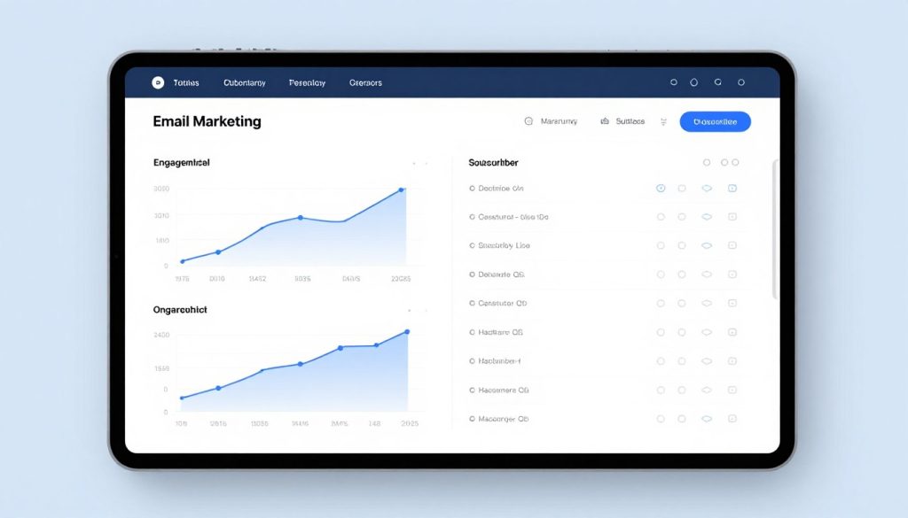 A clean, modern interface of an email marketing dashboard showing high engagement graphs and a subscriber list, professional lighting, soft blue and white colors, 4k resolution.