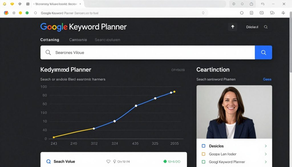 A clean, professional interface of the Google Keyword Planner tool showing search volume graphs and keyword suggestions for a small local business service.