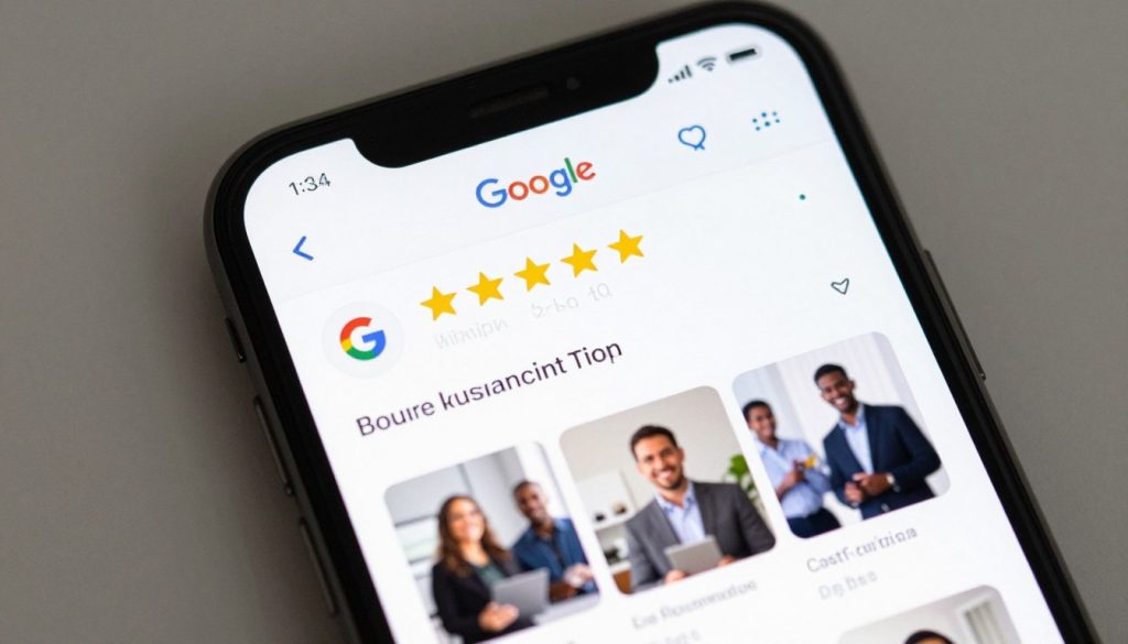 A clear, high-resolution smartphone screen showing a Google Maps business profile with a 5-star rating and several recent photo uploads.