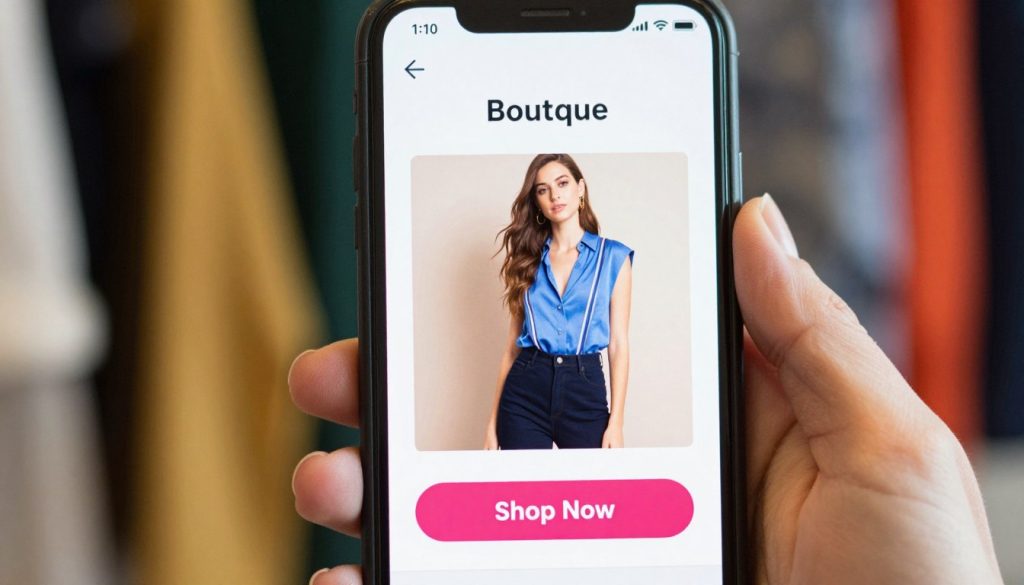 A colorful and vibrant close-up of a smartphone held by a hand, showing a local boutique's Instagram ad with a high-quality photo of clothing and a 'Shop Now' button, soft natural lighting.