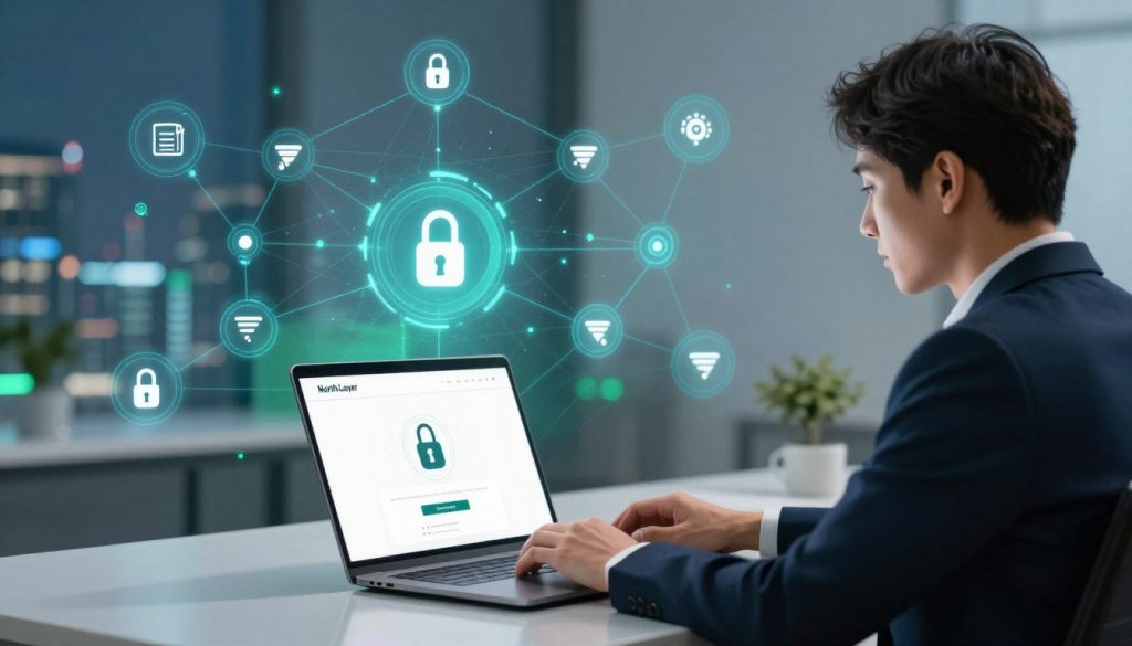 A digital workspace scene illustrating small business website security and data protection. In the foreground, a professional individual in a sharp business suit sits at a sleek desk, focused on a laptop displaying a secure website interface with padlock icons. The middle layer features a network diagram with data flow visuals, emphasizing protection features like firewalls and encryption symbols. In the background, an abstract cityscape symbolizes the online ecosystem, bathed in soft blue and green ambient lighting to evoke a sense of trust and safety. The atmosphere is calm and secure, reflecting the importance of robust security measures for small business success, alongside the brand name "North Layer" subtly integrated into the design.