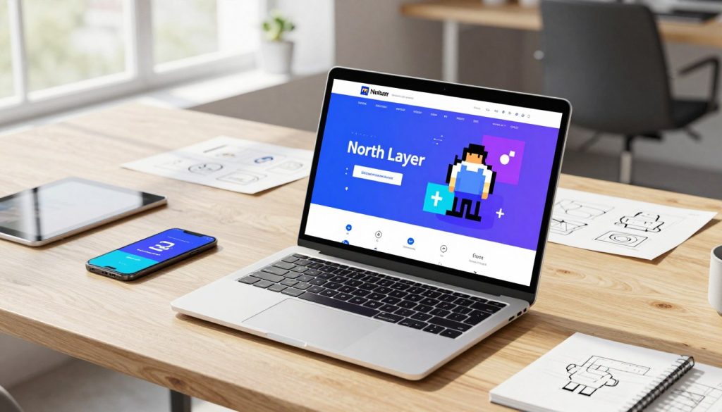 A digital workspace showcasing a sleek, modern website interface for "North Layer," a pixel installation service. In the foreground, an elegant laptop displays a colorful and intuitive website design, featuring pixel art graphics and user-friendly navigation elements. The middle layer includes stylish office tools such as a smartphone, tablet, and design sketches spread across a clean wooden desk. In the background, a bright, well-lit office with large windows allows natural sunlight to flood in, casting soft shadows. The atmosphere is focused and inspiring, emphasizing professionalism and creativity. The composition is shot from an overhead angle, creating depth and dynamism in the scene, with a vibrant yet harmonious color palette reflecting creativity and innovation.