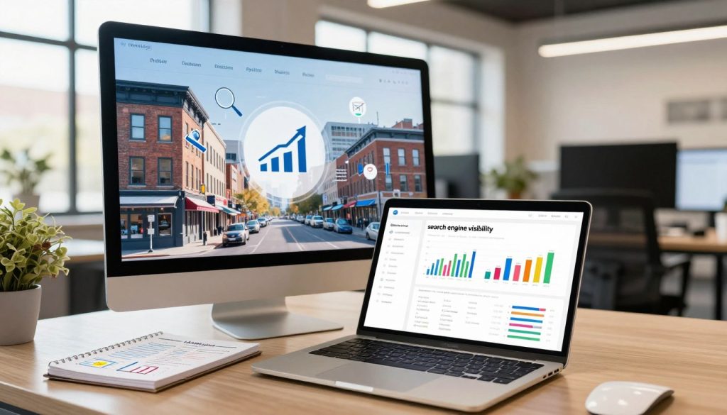 A dynamic and visually engaging digital workspace, emphasizing "search engine visibility". In the foreground, a sleek laptop displaying an analytics dashboard with colorful graphs and metrics symbolizing website performance. Beside it, a notepad with planning notes and digital marketing strategies. In the middle ground, a window showing a cityscape of a bustling US neighborhood, representing small businesses, with buildings adorned with digital marketing icons like magnifying glasses and ascending chart arrows. The background features a bright, airy office setting with warm lighting, creating an optimistic and professional atmosphere. Incorporate the brand name "North Layer" subtly within the design. Use a wide angle for depth, focusing on a clean, modern aesthetic that resonates with small business owners.