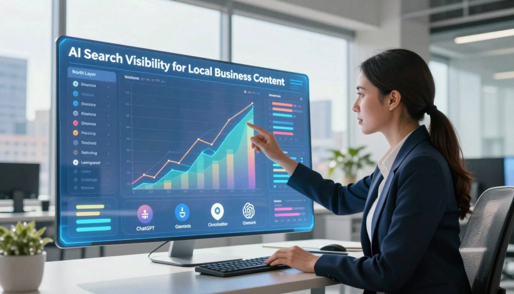 A dynamic, futuristic office setting representing "AI Search Visibility for Local Business Content." In the foreground, a professional businesswoman in smart attire, analyzing data on a holographic display showing positive growth metrics for local SEO. The middle ground features a digital interface with colorful graphs, keywords related to local searches, and icons symbolizing ChatGPT and Gemini technologies. In the background, a large window showcases a bustling urban landscape, symbolizing a local community. Bright, natural lighting floods the room, with a lens effect that creates a sense of depth. Include the brand name "North Layer" subtly integrated into the holographic interface, emphasizing the seamless merge of technology and local business growth. The overall atmosphere should convey innovation, optimism, and professionalism.
