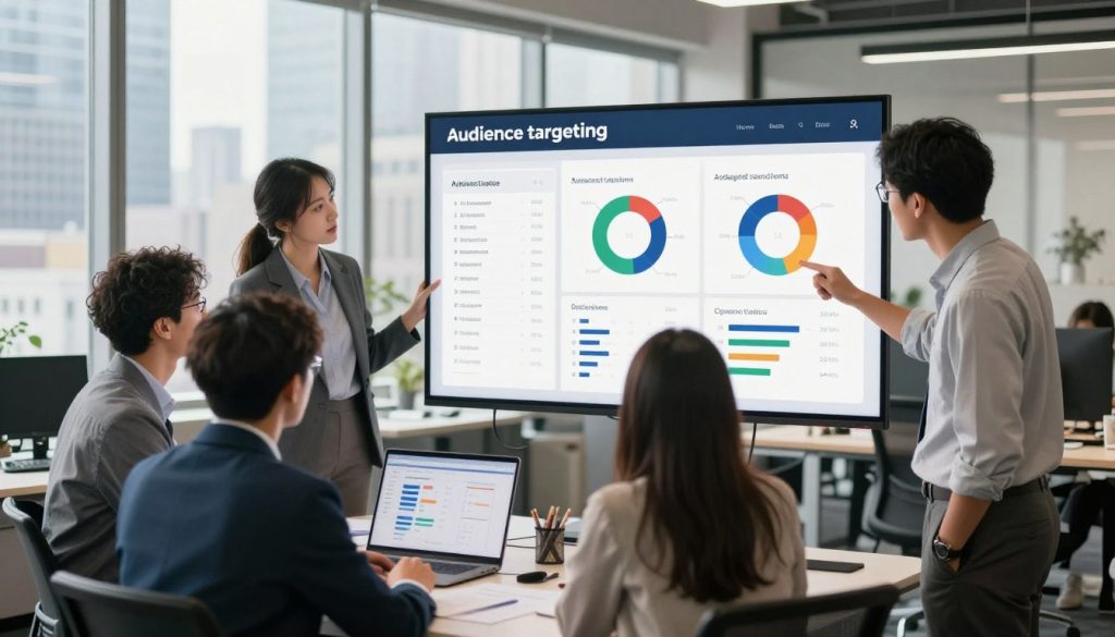 A dynamic scene illustrating “audience targeting” strategies for digital advertising, set in a modern office environment. In the foreground, a diverse group of four professionals in smart business attire analyze a large digital screen displaying various audience metrics and target demographics. The mid-ground features office elements like desks, laptops, and charts, emphasizing a collaborative atmosphere. In the background, a large window reveals a bustling cityscape, hinting at the broader market context. Soft, natural lighting flows through the window, creating an inspirational and focused mood. The image incorporates subtle colors that reflect professionalism and creativity. Include the brand name "North Layer" subtly on the digital screen’s chart without text overlays or any additional captions.