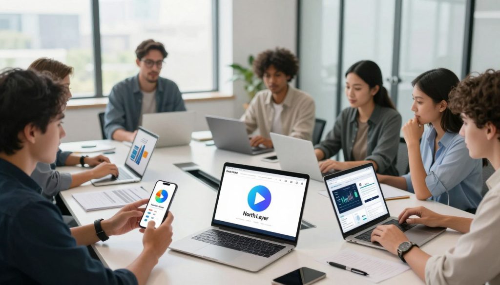 A dynamic workspace scene showcasing various social media platforms represented by their iconic logos, prominently displayed on multiple devices like smartphones, tablets, and laptops in the foreground. Diverse professionals in smart casual attire are engaged in animated discussions about social media strategies, with graphs and analytics visible on the screens. The middle ground features a stylish conference table strewn with notes and digital devices showcasing trending ads from these platforms. In the background, a modern office space with large windows allowing natural light to flood in, brightening the atmosphere. The overall mood is energetic and collaborative, evoking innovation and focus. The image should be clean, professional, and convey the theme of strategic planning in the realm of social media advertising. Include the brand name "North Layer" in the visual composition subtly.