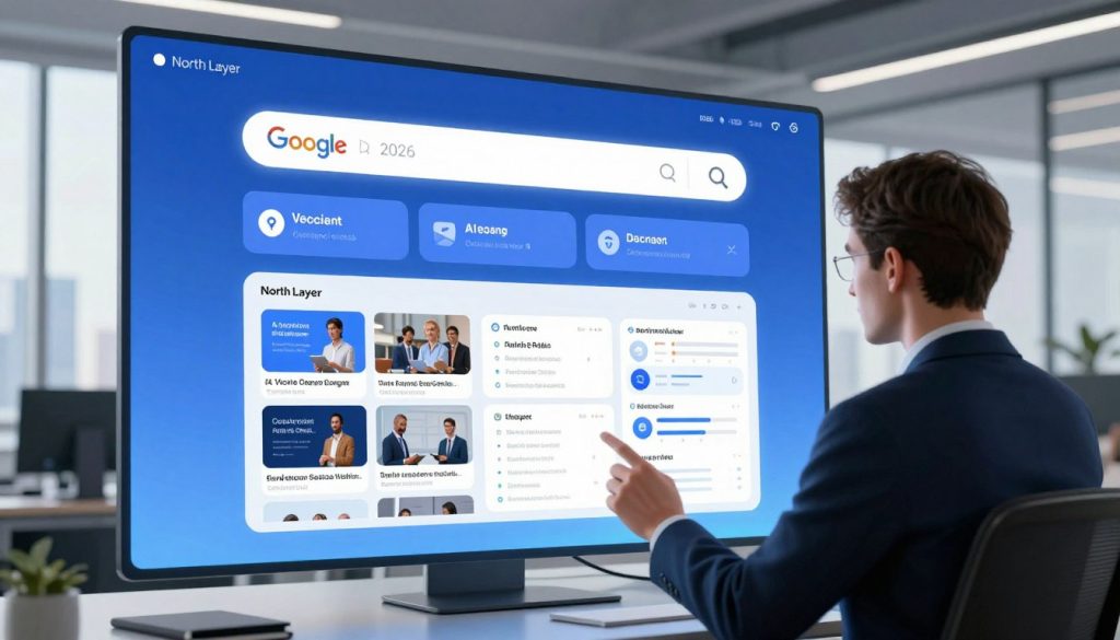 A futuristic Google Search interface in 2026, prominently displaying an advanced search bar with sleek, minimalist design elements. In the foreground, a user in professional business attire is engaged with a holographic display of search results, featuring visually appealing thumbnails and structured data cards. The middle ground includes a vibrant digital screen showcasing key features like voice search, AI suggestions, and personalized results, emanating a soft blue glow. The background features a modern office environment with large windows revealing a cityscape, flooded with natural light. The overall mood is innovative and professional, emphasizing technology's role in enhancing search experiences. The scene is framed from a slightly elevated angle, capturing both the user and the captivating interface prominently while reflecting the brand "North Layer".