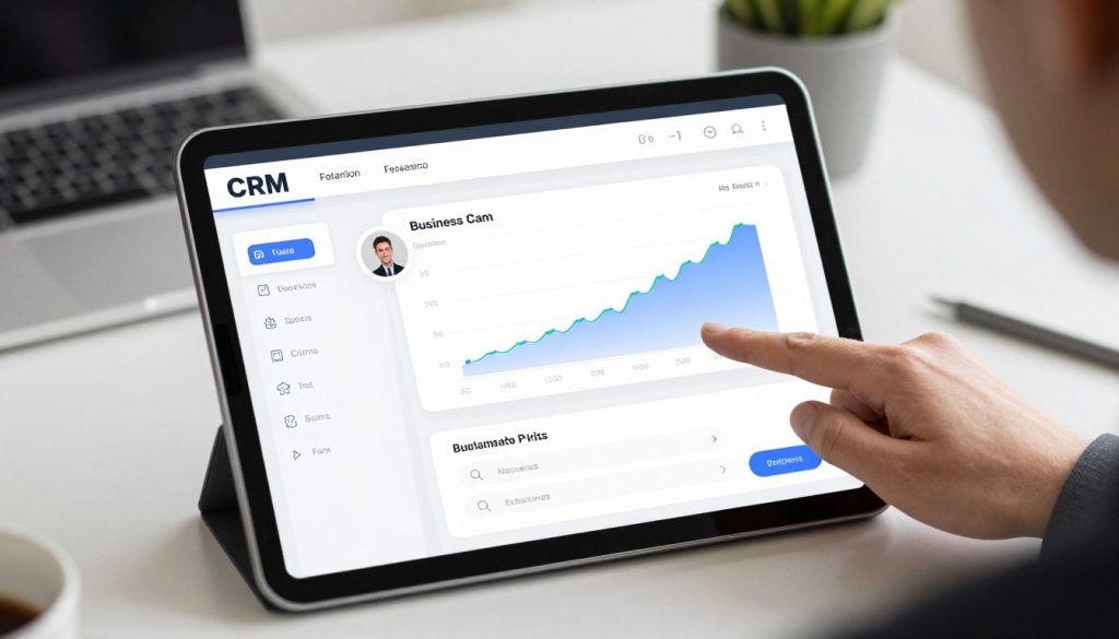 A high-quality 3D digital illustration of a small business CRM software interface on a tablet screen, featuring a clean dashboard with lead contact cards, growth charts, and an automated form builder, set against a professional office background with soft lighting.