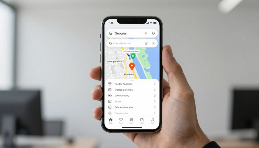 A high-quality photo of a modern smartphone displaying a Google Maps search result for a local plumber, with a clean digital interface and a professional office background.