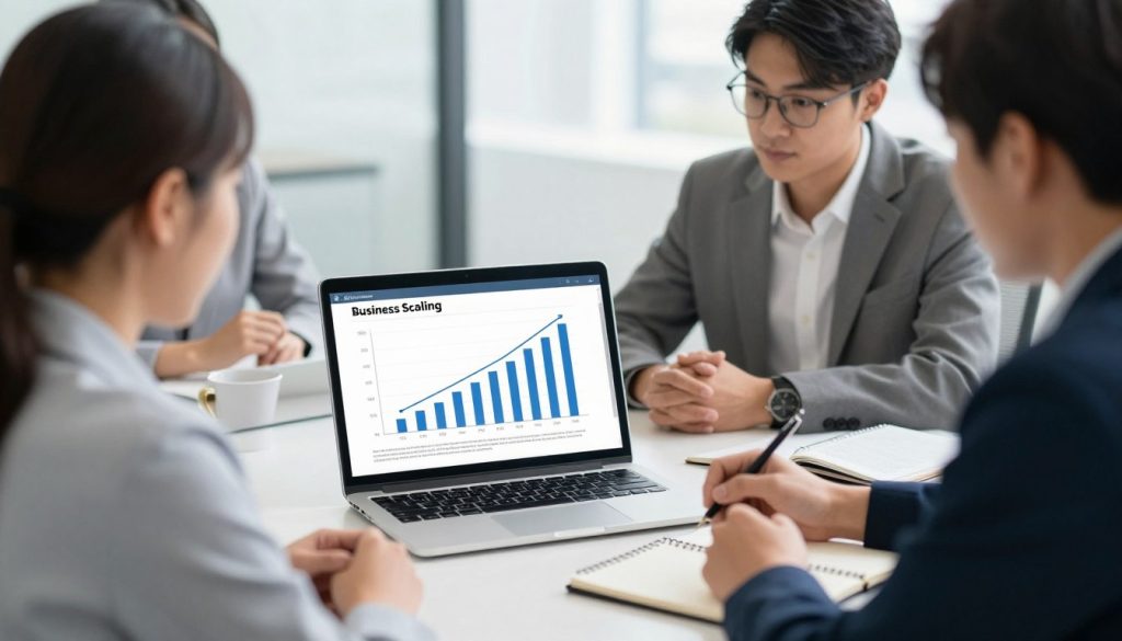 A high-quality photo of a professional digital marketing strategy session, featuring a clean laptop screen showing growth charts and a notebook labeled "Business Scaling," in a bright, modern office setting.