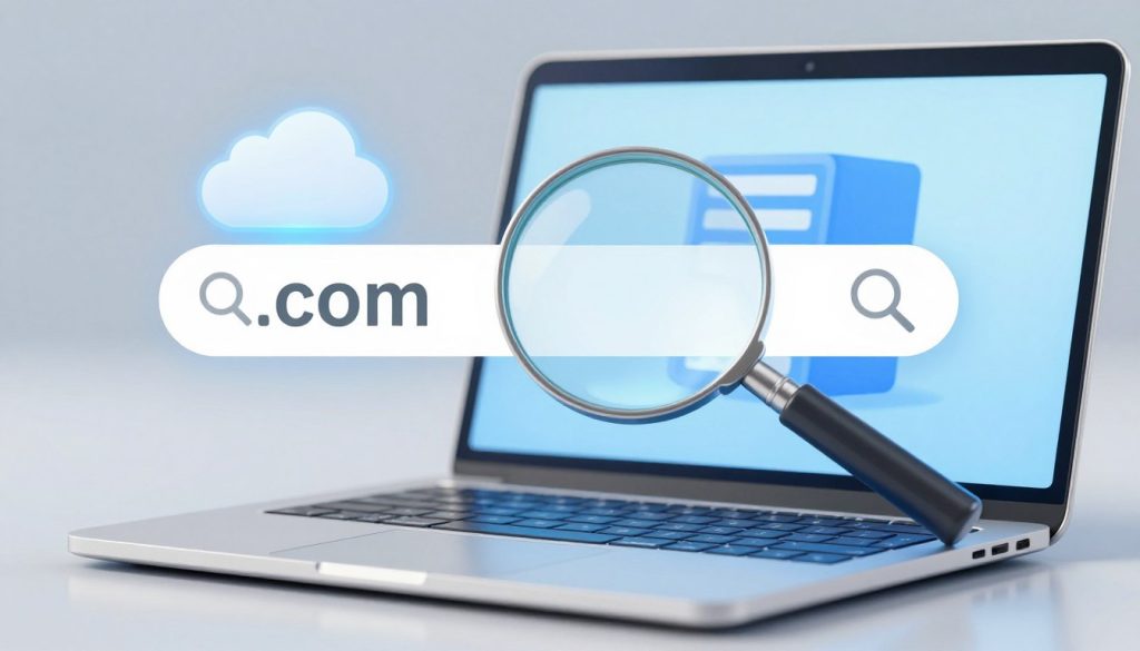 A high-quality, professional digital illustration showing a magnifying glass hovering over a ".com" search bar on a sleek laptop screen, with a glowing cloud server icon nearby to represent secure web hosting services, soft blue and white color palette.