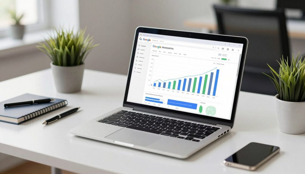 A high-quality, realistic photograph of a clean, modern office desk with a laptop displaying a clear Google Analytics dashboard with colorful bar charts and growth trends.