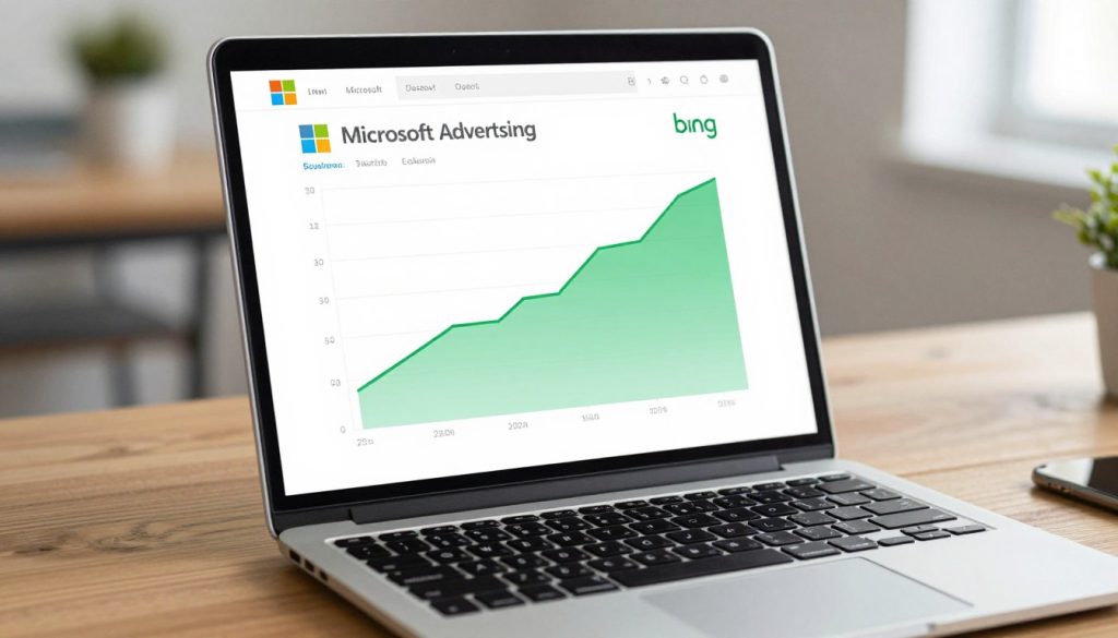 A laptop on a wooden desk displaying the Microsoft Advertising dashboard with green growth charts and the Bing logo, professional photography, soft natural lighting.