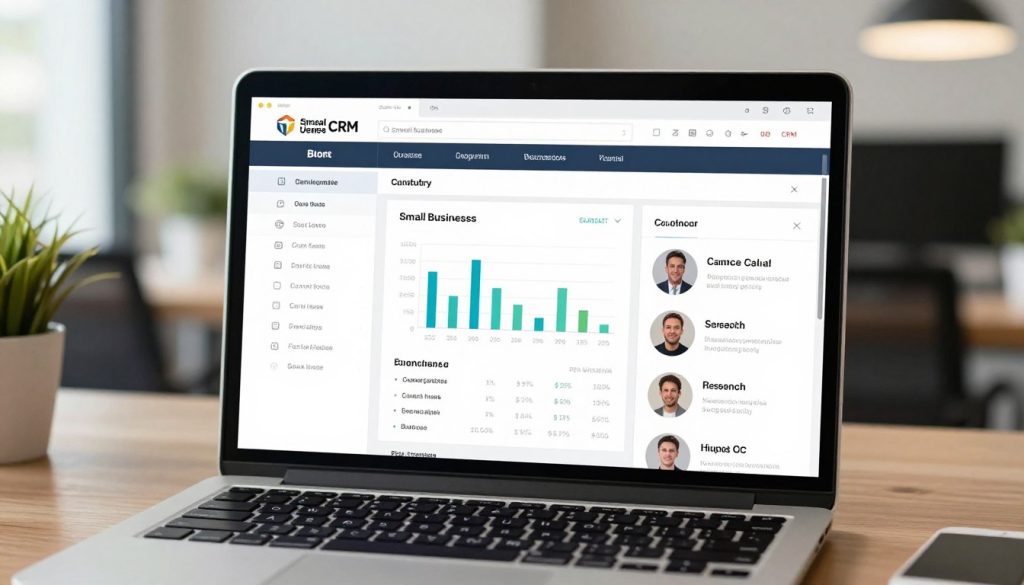 A laptop screen displaying an intuitive CRM software for small business with organized contact lists, purchase history charts, and customer profile details.