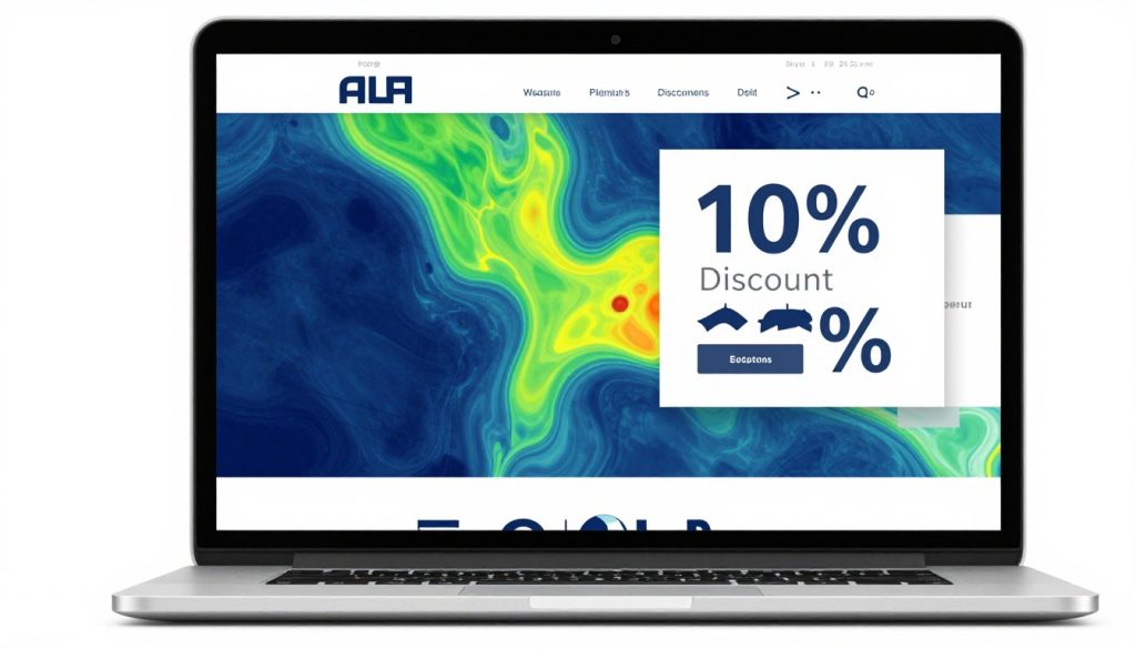 A laptop screen showing a website heat map and a popup form with a 10% discount offer.