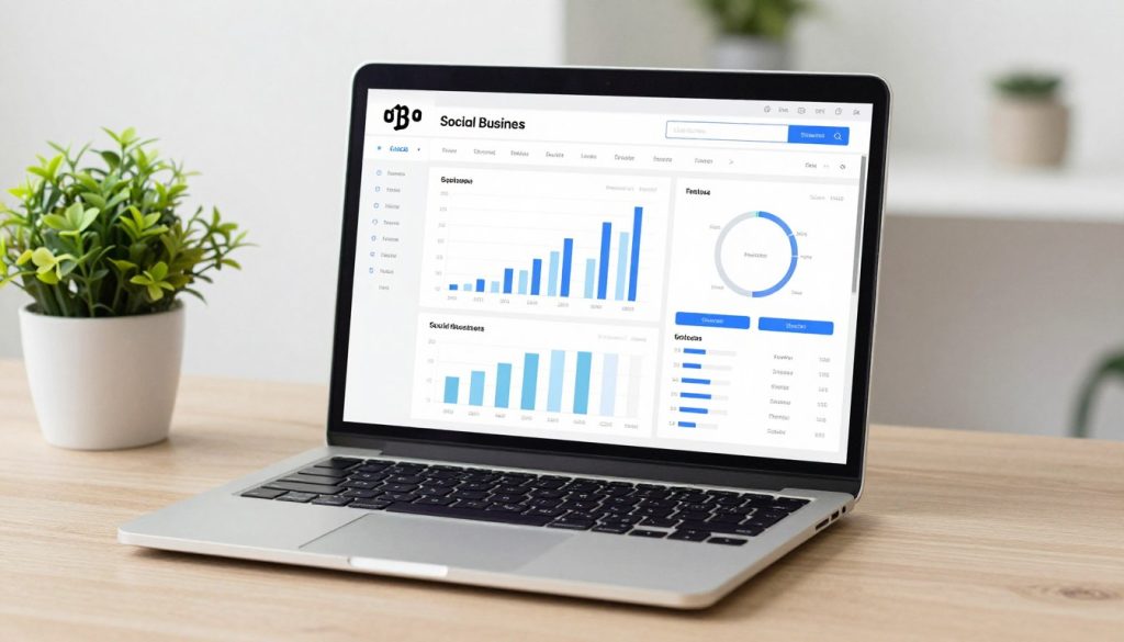 A minimalist, high-quality digital workspace featuring a laptop with a clear social media analytics dashboard, soft natural lighting, a small green plant, and a professional atmosphere representing small business growth and efficiency.
