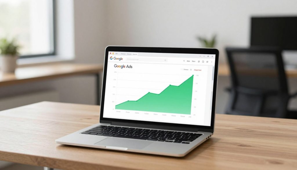 A minimalist, high-quality photograph of a professional laptop screen displaying a clean Google Ads dashboard with rising green growth charts, set on a modern wooden desk in a bright small business office.