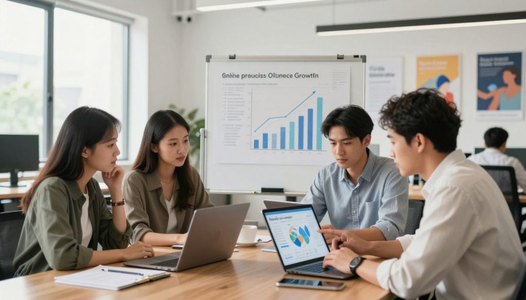 A modern office environment showcasing small business strategy for online growth. In the foreground, a diverse group of four professionals wearing smart casual attire collaborate over a laptop and tablet, analyzing digital graphs and marketing strategies. The middle ground features charts on a whiteboard illustrating funneling techniques and social media growth. The background reveals a bright, open workspace with large windows, natural light flooding in, creating a warm and inviting atmosphere. Soft focus on inspirational posters related to innovation and growth. The composition should evoke a sense of collaboration, ambition, and professionalism, with the brand name "North Layer" subtly integrated into the office decor. Use a wide-angle lens to capture the dynamic environment.