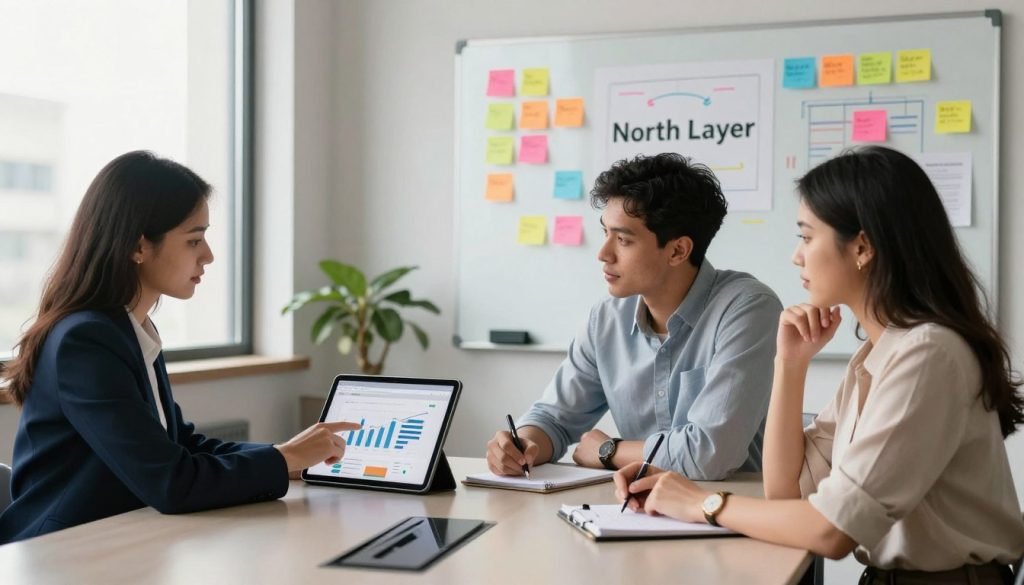 A modern office environment with a diverse group of three professionals, two women and one man, seated around a sleek conference table. The woman on the left, dressed in a smart blazer, is pointing at a digital tablet displaying a graph and a website layout, while the man, in a casual but professional shirt, takes notes. The woman on the right, wearing a business casual top, is actively listening and nodding. In the background, a large whiteboard filled with colorful sticky notes and diagrams representing goals and target audience outlines. Soft, natural lighting enters through large windows, casting gentle shadows, creating a collaborative and focused atmosphere. The logo "North Layer" is subtly integrated into the scene, enhancing the professional theme of affordable website development for small businesses.
