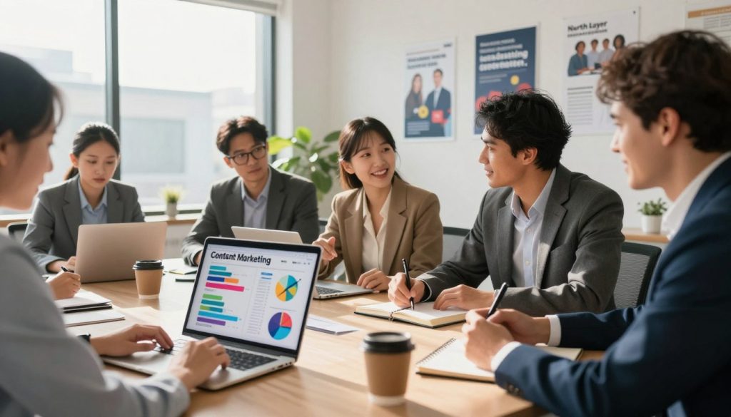 A modern office setting where a diverse group of professionals, dressed in smart business attire, collaborate around a large table. The foreground features a laptop displaying a vibrant infographic on content marketing strategies. In the middle, a woman points enthusiastically to visual charts and graphs, while a man takes notes. On the table, there are notebooks and coffee mugs, evoking a sense of productivity. In the background, large windows let in bright natural light, casting soft shadows and creating a warm, inviting atmosphere. The walls are decorated with motivational posters about lead generation and teamwork. The overall mood is dynamic and focused, emphasizing innovation and collaboration in content marketing for attracting potential customers. Include the brand "North Layer" subtly on one of the posters in the background.