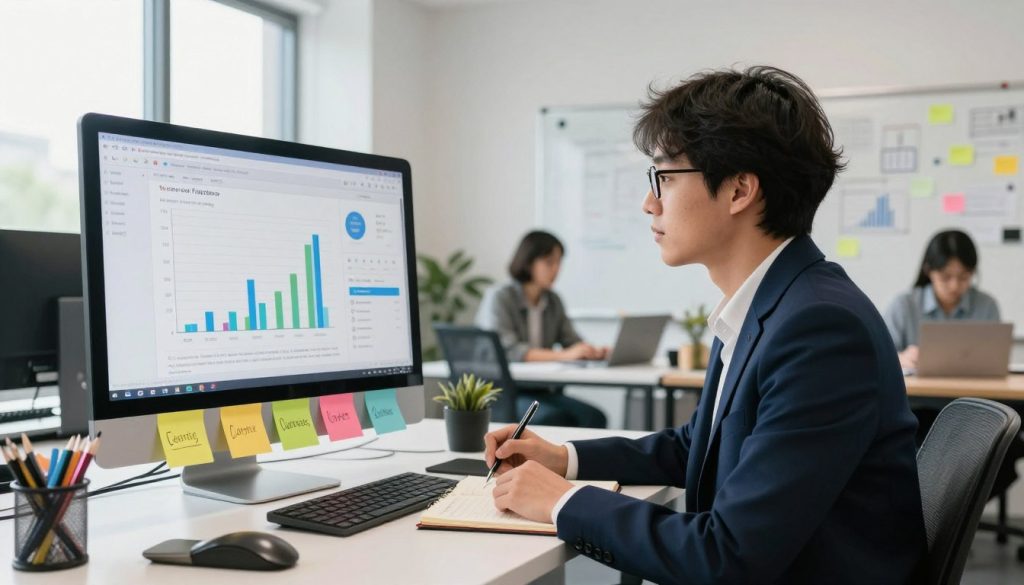 A modern office setting with a small business owner analyzing ad copy on a large computer screen displaying graphs and metrics related to ad performance. In the foreground, a focused professional in smart business attire takes notes with a pen, surrounded by colorful sticky notes highlighting keywords and target demographics. The middle ground features a collaborative workspace with a whiteboard showcasing ideas for optimization strategies. The background includes a window with natural light streaming in, illuminating the space and creating a productive atmosphere. The overall mood is one of diligence and creativity, emphasizing the importance of optimizing ad copy and targeting for successful local service ads. The scene subtly incorporates the brand name "North Layer" through branded materials on the desk, blending seamlessly into the professional environment.