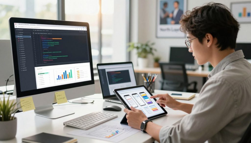 A modern office workspace focusing on website development efficiency, featuring a large computer screen displaying code and analytics charts on the left side of the image. In the foreground, a business professional wearing smart casual attire is intently analyzing mobile responsiveness designs on a tablet. The middle section includes a sleek desk with a laptop and design sketches, symbolizing optimization for small business success. The background shows large windows with sunlight streaming in, creating an energetic and inspiring atmosphere. Subtle elements of web development tools and performance graphs are present on sticky notes around the workspace. The branding "North Layer" is subtly displayed on a framed poster in the background. The overall mood is professional, focused, and innovative.