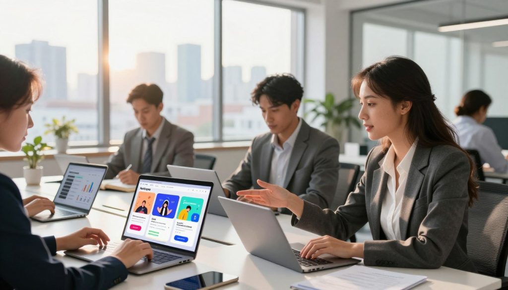 A modern, professional workspace featuring a diverse group of business professionals examining various digital ad formats on sleek laptops and tablets. In the foreground, a focused woman in business attire gestures toward a colorful infographic displaying different ad formats, including carousel ads, video ads, and story ads. In the middle ground, a man attentively takes notes, while another colleague analyzes metrics on a tablet, all surrounded by a clean, organized office environment. The background showcases large windows with a city skyline, casting warm sunlight into the room. The atmosphere is collaborative and dynamic, reflecting a sense of growth and innovation. The brand "North Layer" is subtly integrated into the visuals through digital devices or documents. The image is well-lit, shot from eye level to create an engaging perspective.