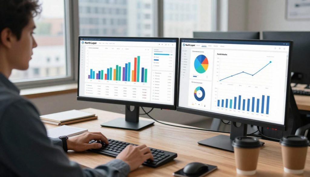 A modern workspace featuring a stylish wooden desk with dual monitors displaying dynamic social media analytics dashboards. In the foreground, a person in professional business attire examines the data on one screen, with graphs showing engagement metrics and audience growth. The middle ground includes notepads and a coffee cup, emphasizing a productive environment. The background has a large window revealing a cityscape, with soft natural light illuminating the scene. Include elements like colorful bar charts, pie graphs, and upward trending lines on the screens, symbolizing growth and success. The overall mood is focused and professional, conveying the theme of measuring social media growth and ROI. Branding is subtly integrated with "North Layer" visible on one of the screens.