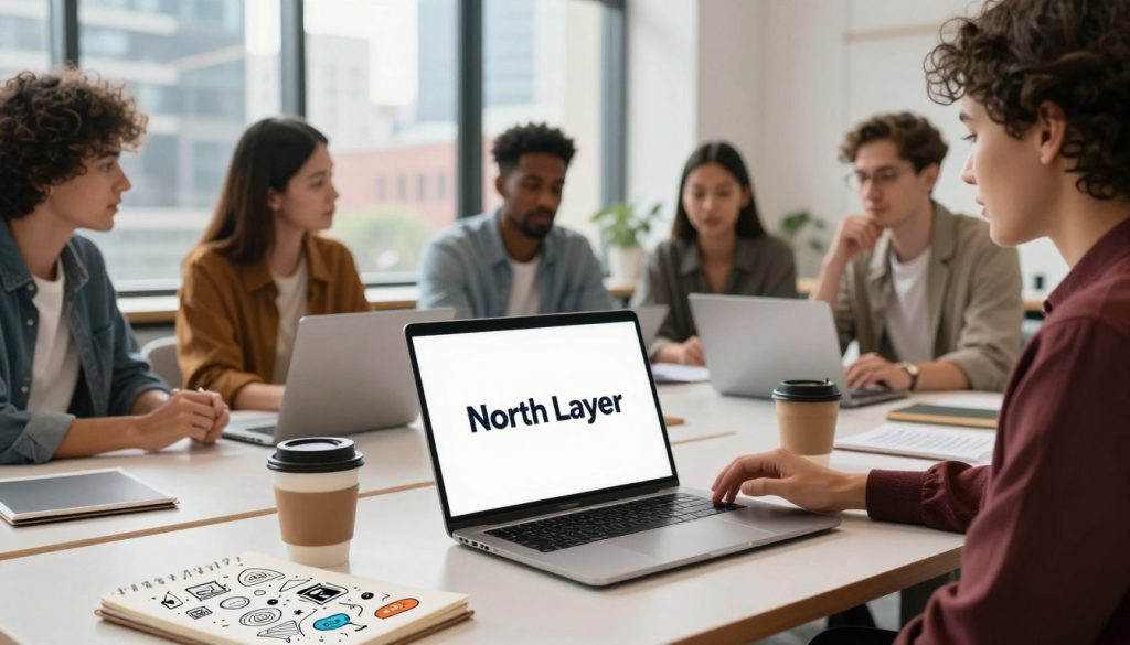 A modern workspace showcasing "North Layer" brand presence. In the foreground, a sleek desk with a stylish laptop displaying the brand logo on the screen. A cup of coffee and a notepad filled with marketing ideas sit beside it. In the middle ground, a diverse group of professionals in smart casual attire are actively discussing strategies, their expressions focused and inspired. In the background, a large window with natural light streaming in, illuminating a vibrant cityscape, symbolizing connection and outreach. The atmosphere is dynamic and collaborative, emphasizing creativity and innovation in social media marketing for small businesses. The image should have a warm, inviting color palette, with soft shadows enhancing the scene's depth and professionalism.