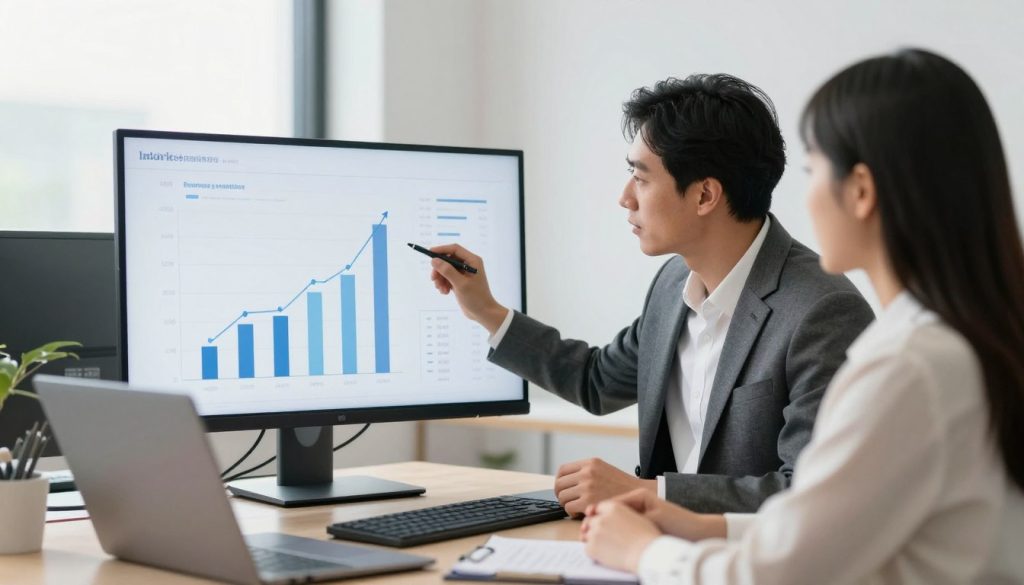 A professional and bright office setting where a focused marketing consultant is reviewing growth charts on a screen with a small business owner, modern minimalist style, soft natural lighting, high-resolution photography.