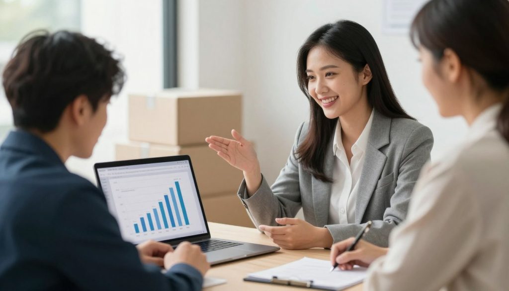 A professional and bright office setting where a friendly digital marketing consultant and a small business owner are sitting together, looking at a laptop screen showing successful social media ad charts. The atmosphere is helpful, calm, and productive, representing a strategy growth call.