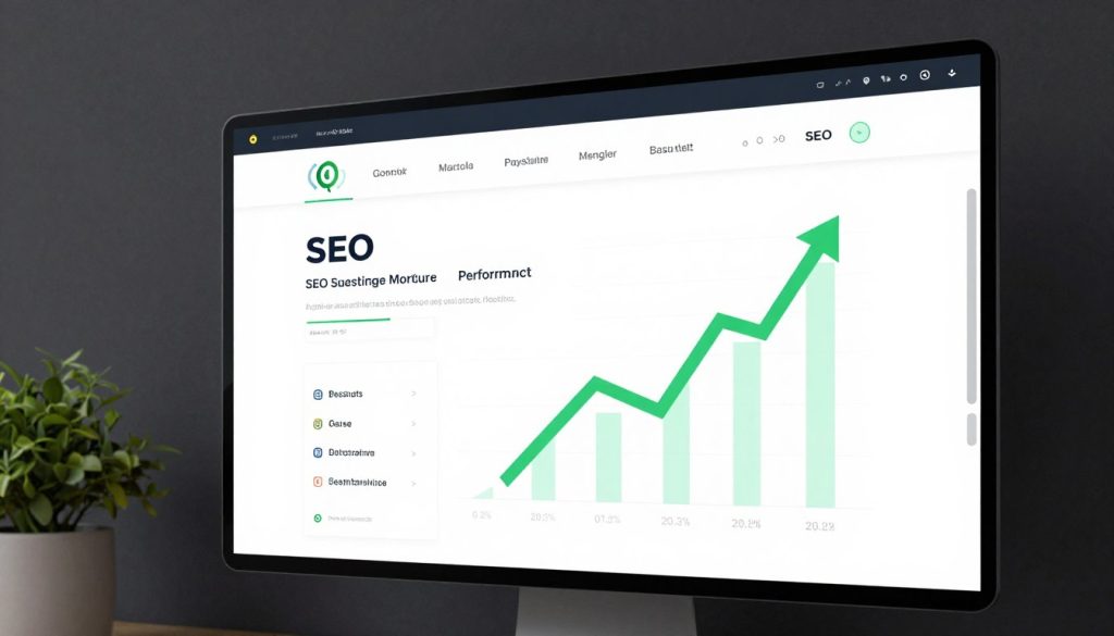 A professional and clean digital marketing dashboard displaying a green growth arrow and SEO performance metrics for a local business website.