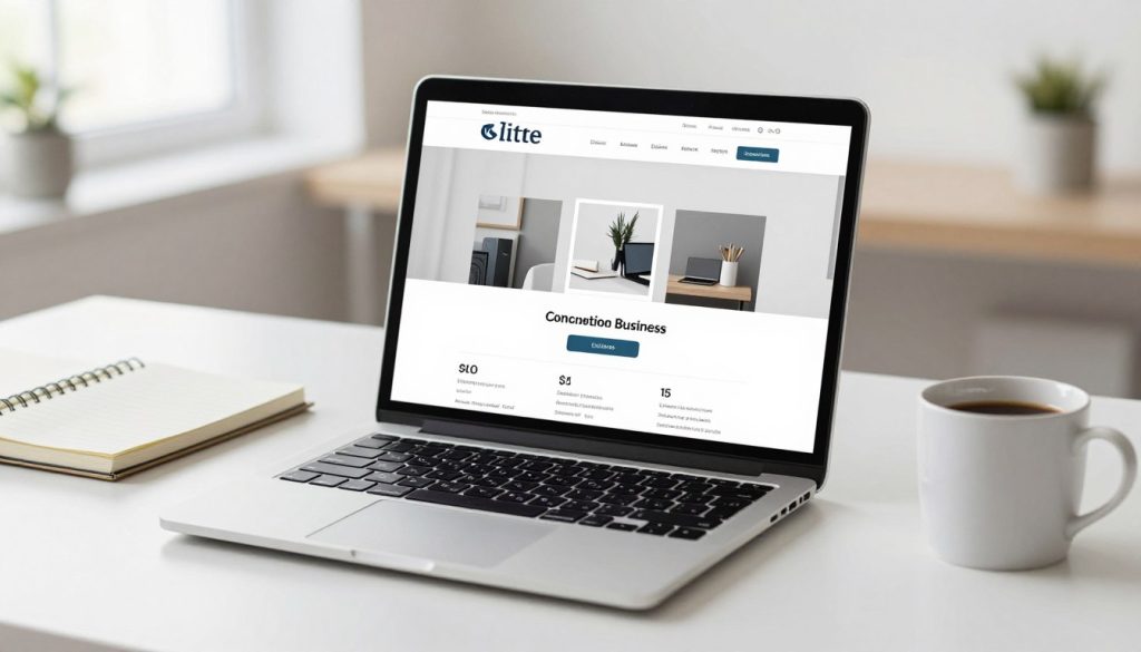 A professional and minimalist workspace with a modern laptop displaying a clean, high-converting business website layout, positioned next to a notebook and a coffee mug in a bright, natural-lit home office, 4k resolution, professional photography.