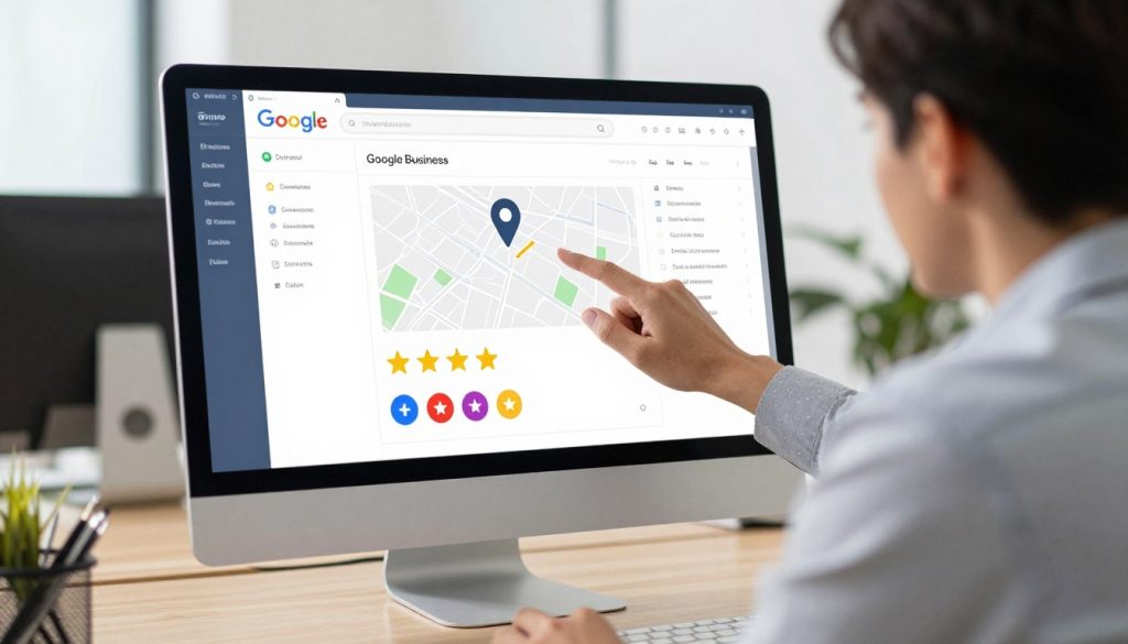 A professional business owner in a bright, modern office environment efficiently updating their Google Business Profile on a large desktop monitor, featuring a detailed map with a pin and vibrant five-star review icons in the foreground.