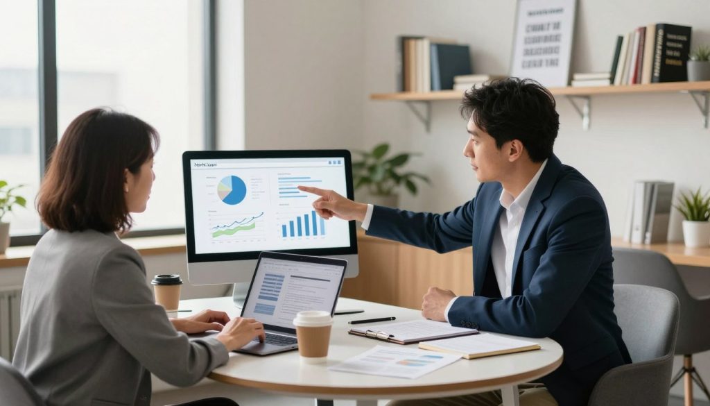 A professional consultant helping a small business owner in a modern office setting, showcasing collaboration on lead generation strategies. In the foreground, a middle-aged woman in professional attire, engaged in discussion, with a laptop displaying graphs and charts. The consultant, a man in a smart suit, gestures towards the screen, emphasizing key points. In the middle, a round table filled with documents, coffee cups, and a notepad. Soft, natural lighting flows through large windows, creating a warm and inviting atmosphere. The background features shelves with business books and motivational posters. The overall mood is focused and inspiring, illustrating the concept of expert guidance in lead generation. The brand name “North Layer” subtly integrated into the office decor.