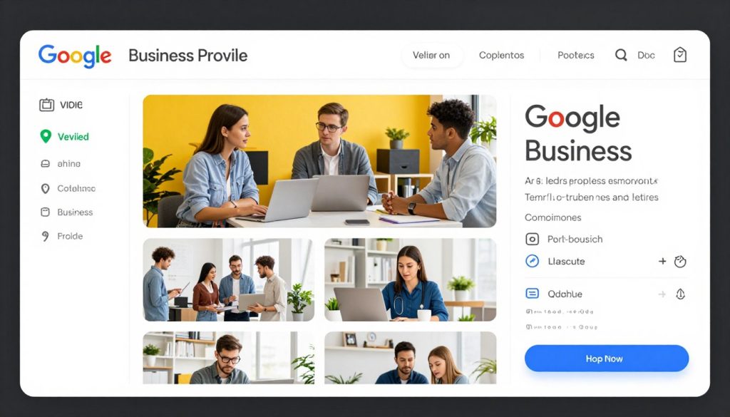 A professional digital dashboard displaying Google Business Profile optimization for a local company, featuring vibrant photos, a verified badge, and clear contact information.