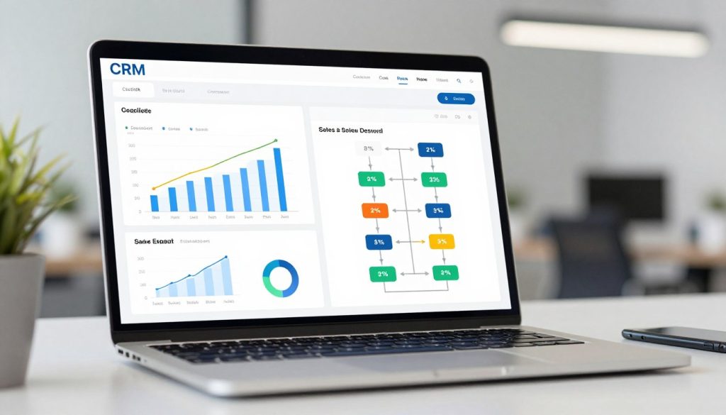 A professional digital interface of a CRM software showing a clean dashboard with customer growth charts and a sales pipeline on a modern laptop.