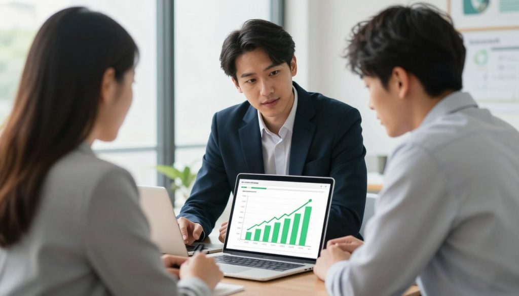 A professional digital marketing expert sitting with a small business owner in a bright, modern office, looking at a laptop screen showing a clear business growth roadmap and green rising charts.