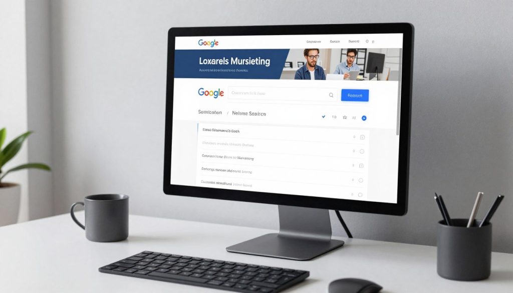 A professional digital marketing workspace with a high-resolution monitor showing a Google Search results page, a small business ad highlighted at the top, clean and minimalist design, 4k.