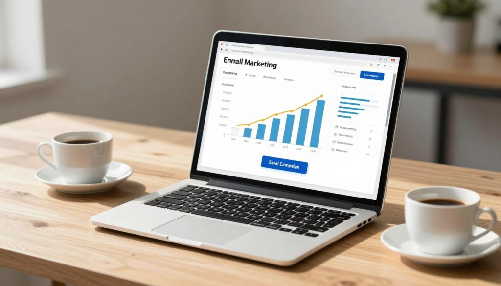 A professional laptop screen showing a clean email marketing dashboard with colorful growth charts and a prominent "Send Campaign" button, sitting on a sunlit wooden desk next to a coffee cup, high resolution, minimalist office style.