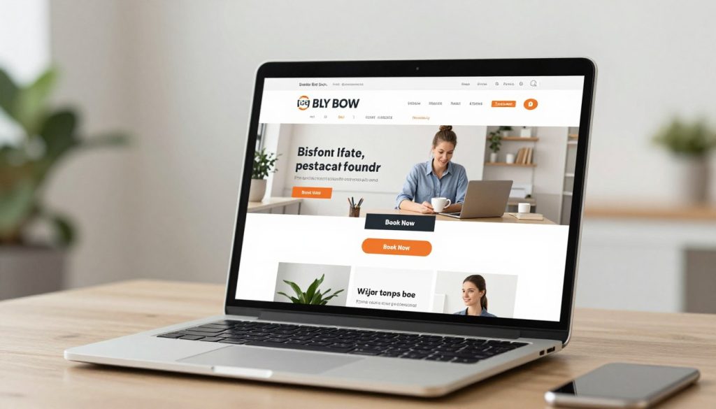 A professional laptop screen showing a clean, modern small business website with a large 'Book Now' button, high-quality images of a local service, and a mobile-friendly layout, soft natural lighting.