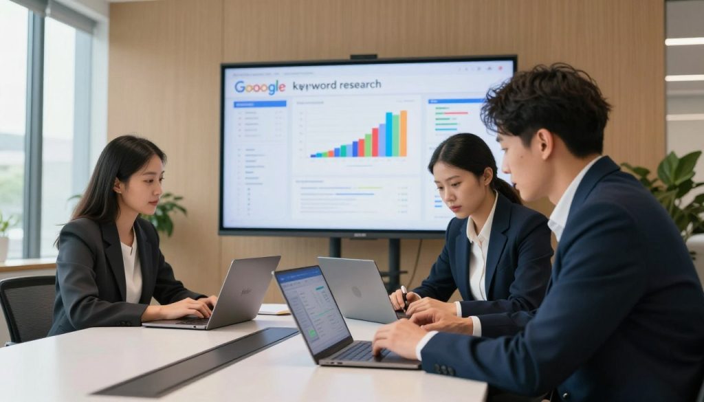 A professional office environment focused on "keyword research" for Google Ads. In the foreground, a diverse group of three individuals in business attire, two women and one man, are gathered around a sleek conference table, analyzing visual data on laptops and digital tablets. Their expressions show concentration and collaboration. In the middle ground, a large wall screen displays a colorful keyword analytics dashboard with graphs and charts. In the background, large windows let in natural light, creating a warm and inviting atmosphere. The setting is modern and well-lit, captured from a low angle to create depth. The overall mood is energetic and focused, conveying the importance of mastering keyword research in digital marketing. North Layer branding subtly placed on the laptops.
