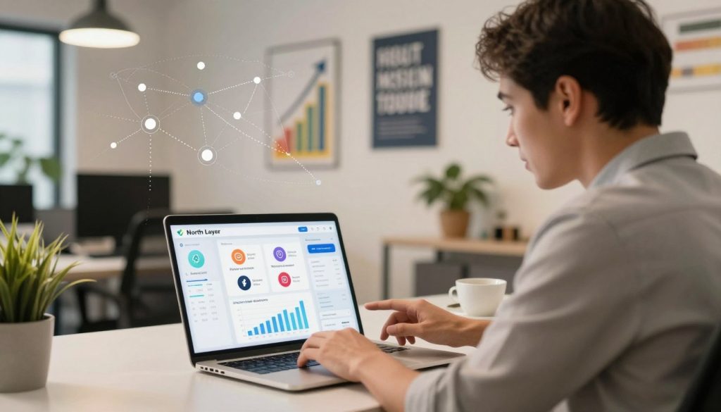 A professional office environment, showcasing a small business owner in smart casual attire, confidently analyzing a digital dashboard on a laptop. In the foreground, focus on the screen displaying various online citations, social media logos, and analytics graphs, symbolizing online presence and brand authority. In the middle ground, depict a modern office space with a sleek desk, plants, and motivational posters emphasizing growth and visibility. The background features an abstract representation of internet connections, like dotted lines connecting different platforms, conveying networked visibility. Use warm lighting to create an inviting atmosphere, with a slight bokeh effect for depth. The overall mood is inspiring and professional, reflecting the theme of boosting online visibility for small businesses. Include a subtle logo for "North Layer" on the dashboard screen.
