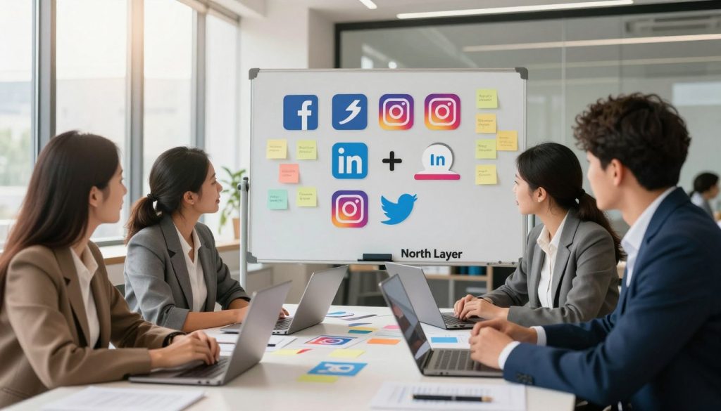 A professional office setting showcasing diverse businesspeople engaged in a discussion on selecting social media platforms for business growth. In the foreground, a group of three individuals—two women and one man—dressed in business attire, are gathered around a large table with laptops and colorful charts depicting various social media icons like Facebook, Instagram, LinkedIn, and Twitter. The middle layer includes a whiteboard filled with strategies and post-it notes highlighting different audience demographics. In the background, large windows let in warm, natural light, creating an inviting atmosphere that encourages collaboration. The mood is focused and energetic, symbolizing opportunity and the pursuit of organic growth. The brand name "North Layer" subtly integrates into the decor, reinforcing a modern, professional aesthetic.